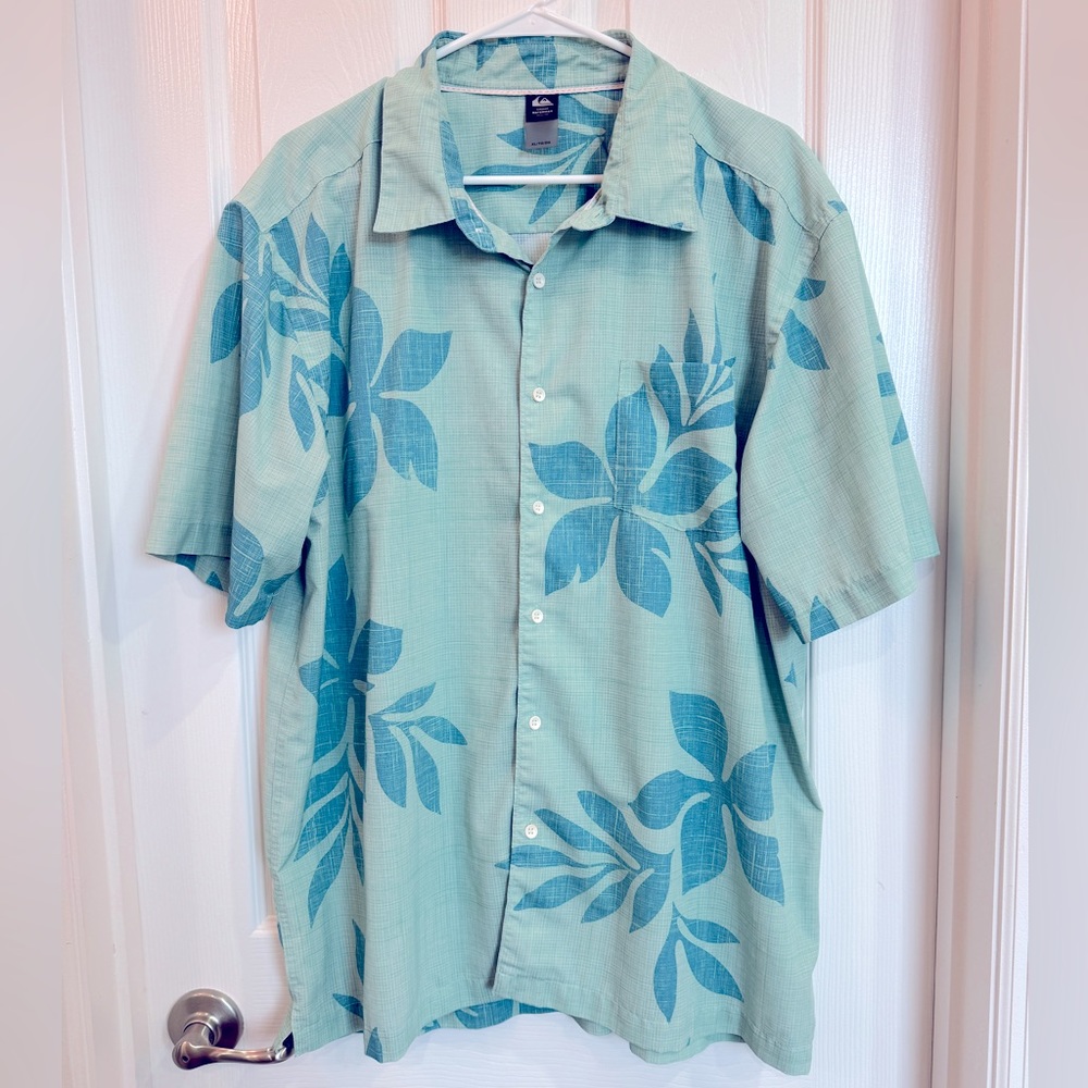 Men’s Quicksilver Waterman Hawaiian Shirt Button Down XL Green Blue Floral
